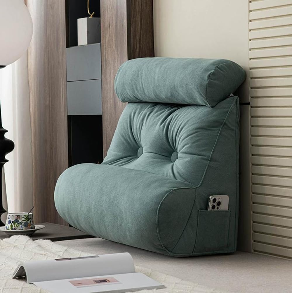 HEANCRIE Ergonomic Lumbar Positioning Support Reading Pillow with Neck Bolster,60cm Thicken Backrest Cushion,Elasticity Headrest Pad with Side Pocket for Bed Relax (Lake Blue,60X50X30CM)