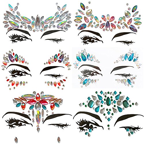 Face Gems, Ynredee 6 Set Women Mermaid Rave Festival Glitter, Rhinestone Temporary Tattoo Face Jewels Crystals Face Stickers Eyebrow Face Body Jewelry (Collection 1)