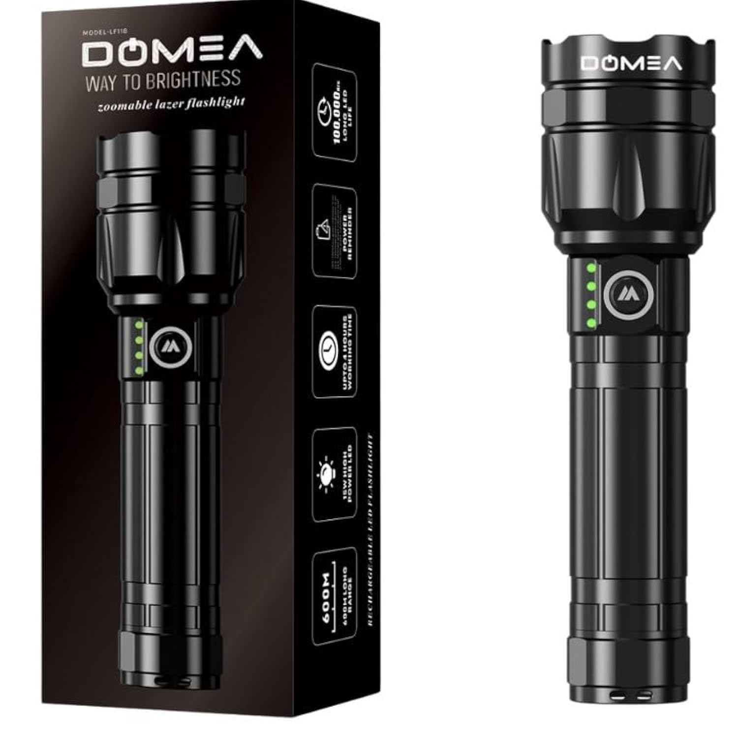 DOMEA Zoomable Lazer Flash Light|Rechargeable, 600M Range|100000 Hours Long LED Life|4000mAh Battery, Up To 4 Hours Working Time|SOS Light Power Reminder| Suitable For Camping Outdoor Activities |15 W
