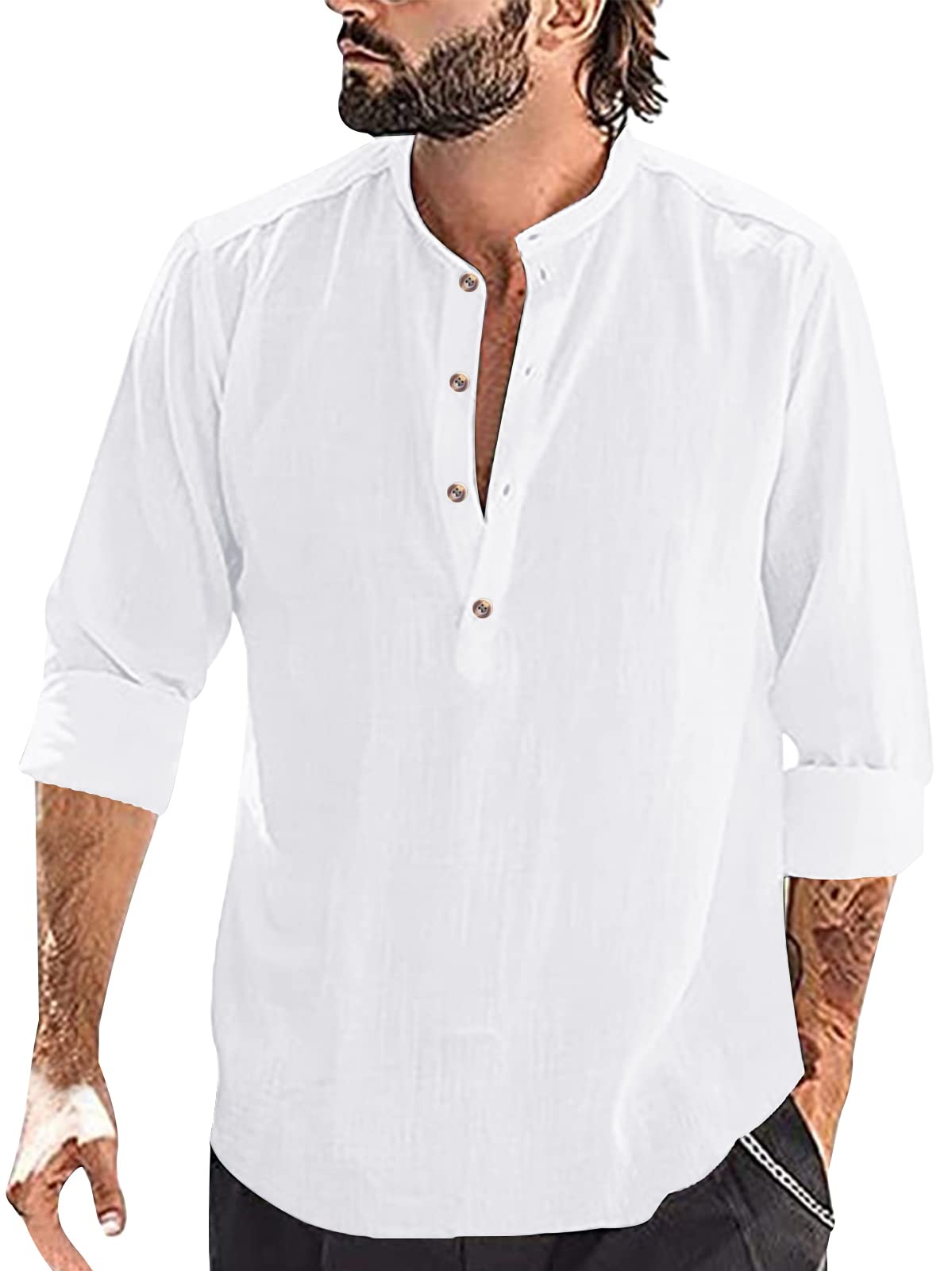 MaeauMen Cotton Linen Henley Shirt Button Down Beach Shirt Summer Casual Pullover Top