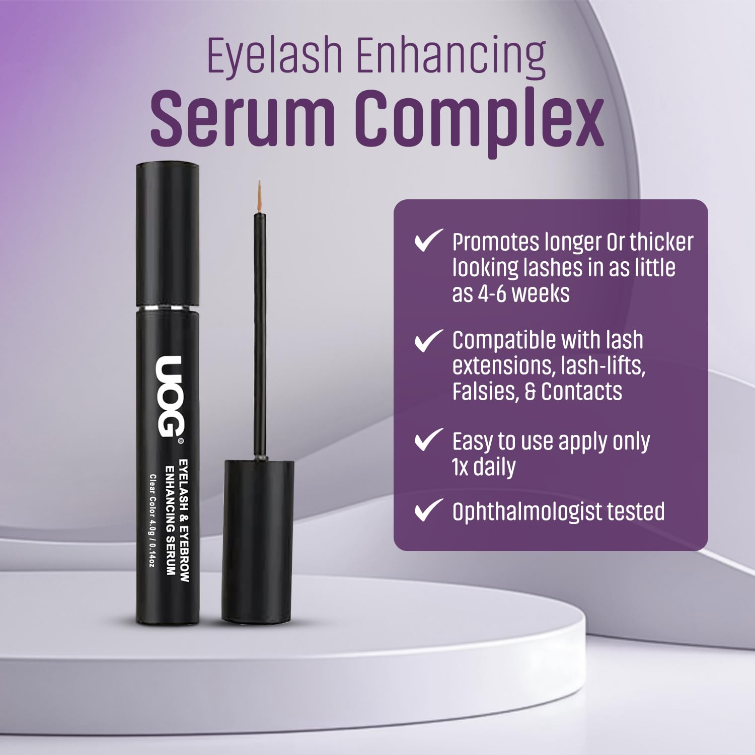UOG Eyelash Enhancing Serum Complex. Advanced Eyelash Conditioner. Allergy Free. Longer, Stronger. Cruelty-Free. Thicker & more Defined-looking lashes. Any Skin Types, 6-month Supply (4mL)