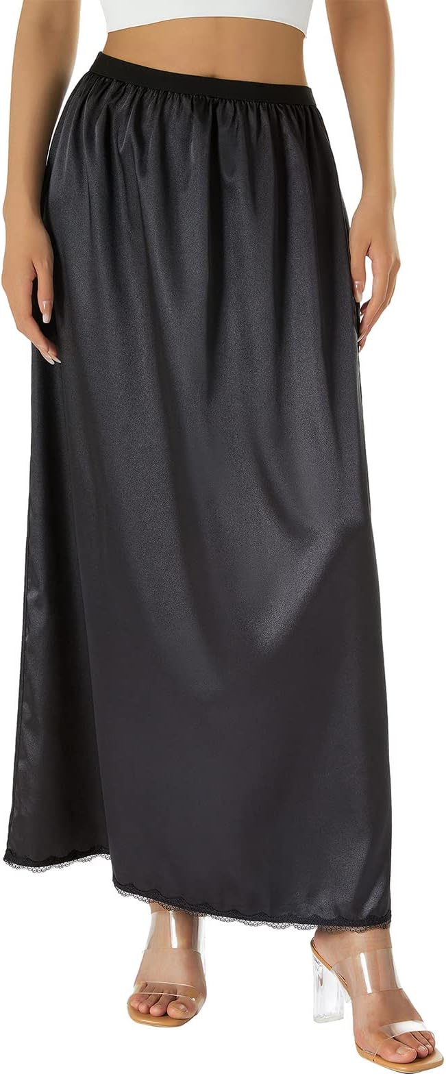Women's Satin Half Slips Solid Color Long Underskirt Elastic Waist Inner Lining Midi Skirt Y2k Ladies Petticoats Under Dresses