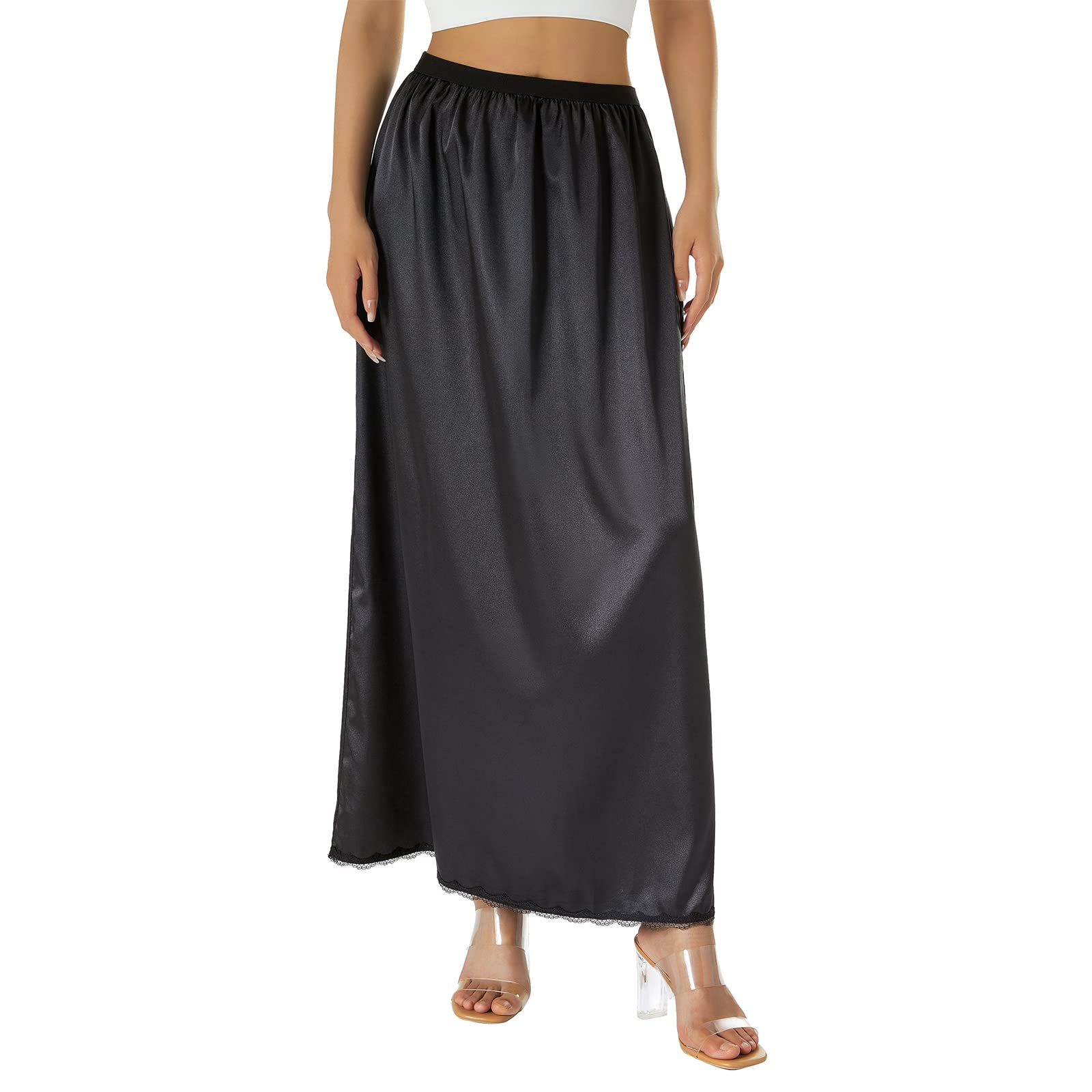 Women's Satin Half Slips Solid Color Long Underskirt Elastic Waist Inner Lining Midi Skirt Y2k Ladies Petticoats Under Dresses