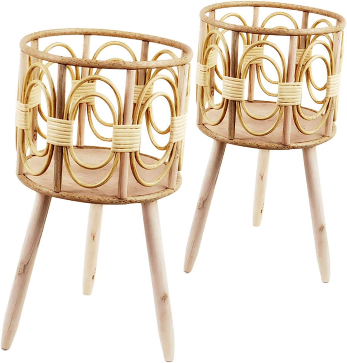 YARNOW Wood Plant Stand 2pcs Botanical Decor Nordic Decor Flower Stand Flowerpot Flower Basket Solid Wood Rattan Planter Stand