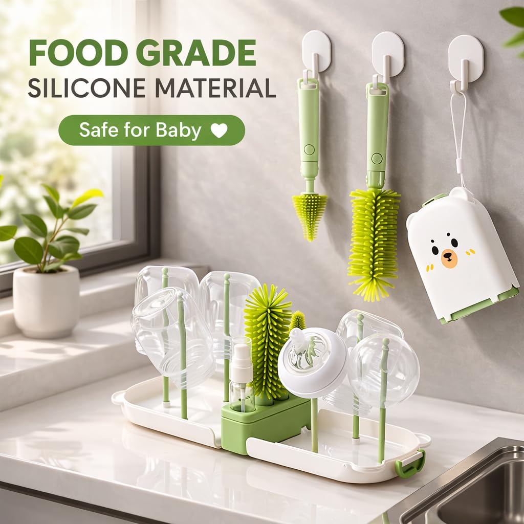 Travel Bottle Cleaner kit, 7in1 Baby Toddler Travel Essential Silicone Bottle Brush Set, Nipple, Drying Rack, Straw, & Breast Pump Cleaning, Soap Dispenser & Organizer Case, Gift Mom Green