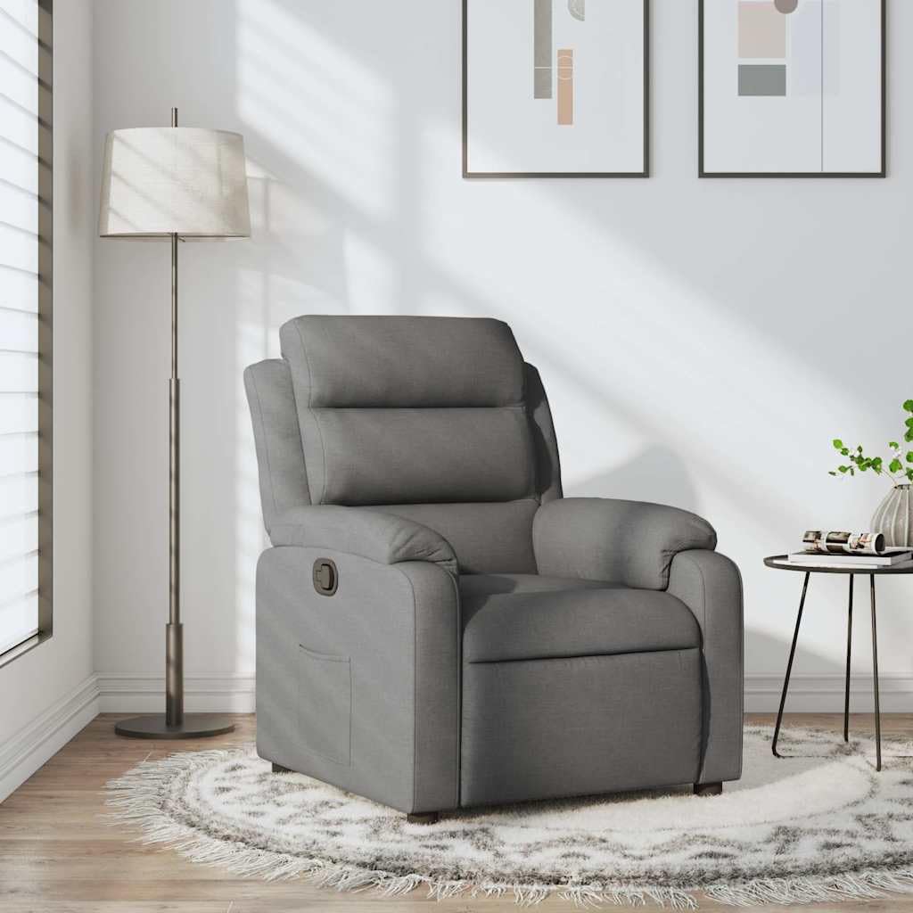 Fotel relaksacyjny, ciemnoszary, materiał z ręczną funkcją leżenia, ergonomiczny, regulowany, wygodny fotel tapicerowany z podłokietnikami i oparciem, do salonu, kącika do czytania, biura