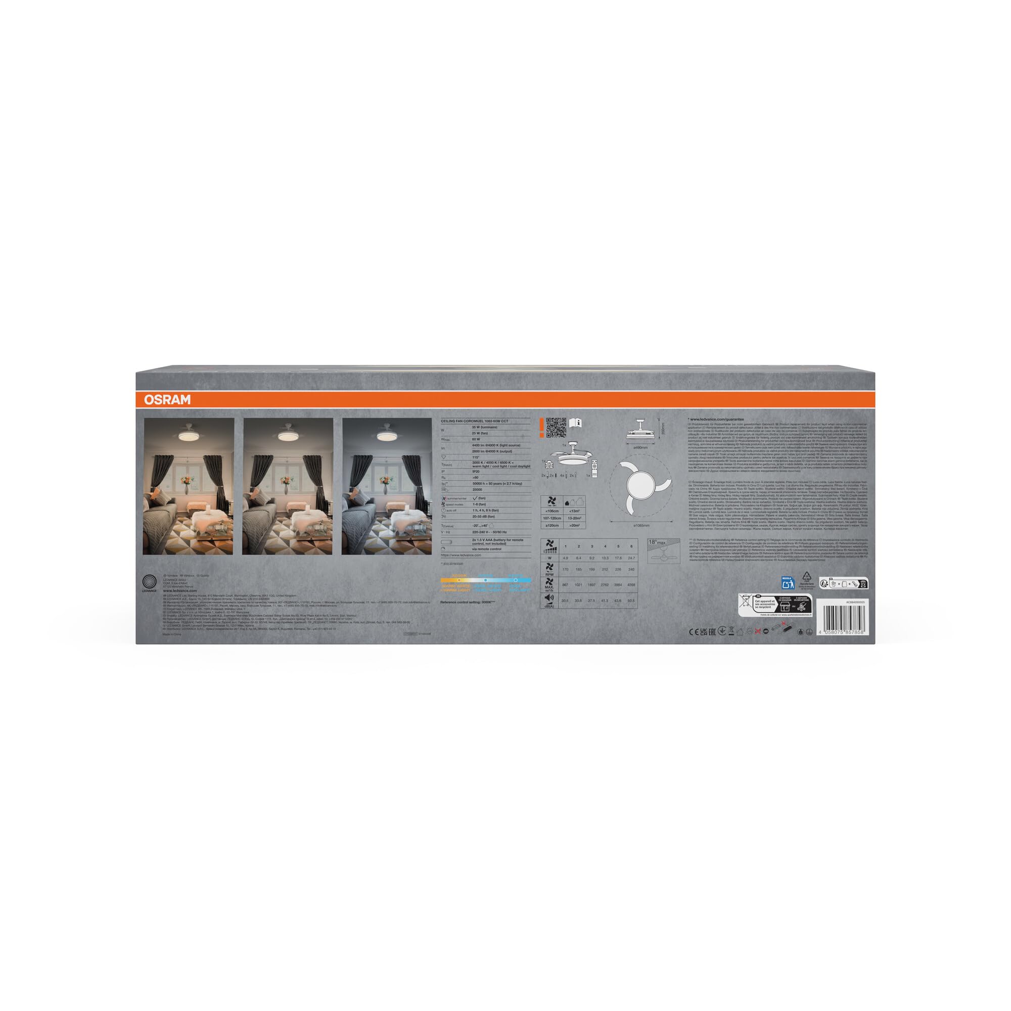 OSRAM Ventilador de techo LED Blanco, silencioso, control remoto | Ceiling fan Coromuel, Ceiling Fans with Lighting, Blanco, 1065 mm dia, 50000 h, Paquete de 1
