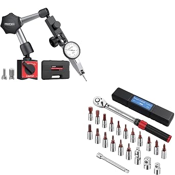 XUNTOP Setup & Assembly Workshop Kit 0.03" Dial Test Indicator & 22Pcs Torque Wrench Set, with 90lbs Magnetic Base, 1/4" Drive, 5-25 Nm Range for CNC, Lathe, 3D Printer, Bike, Auto