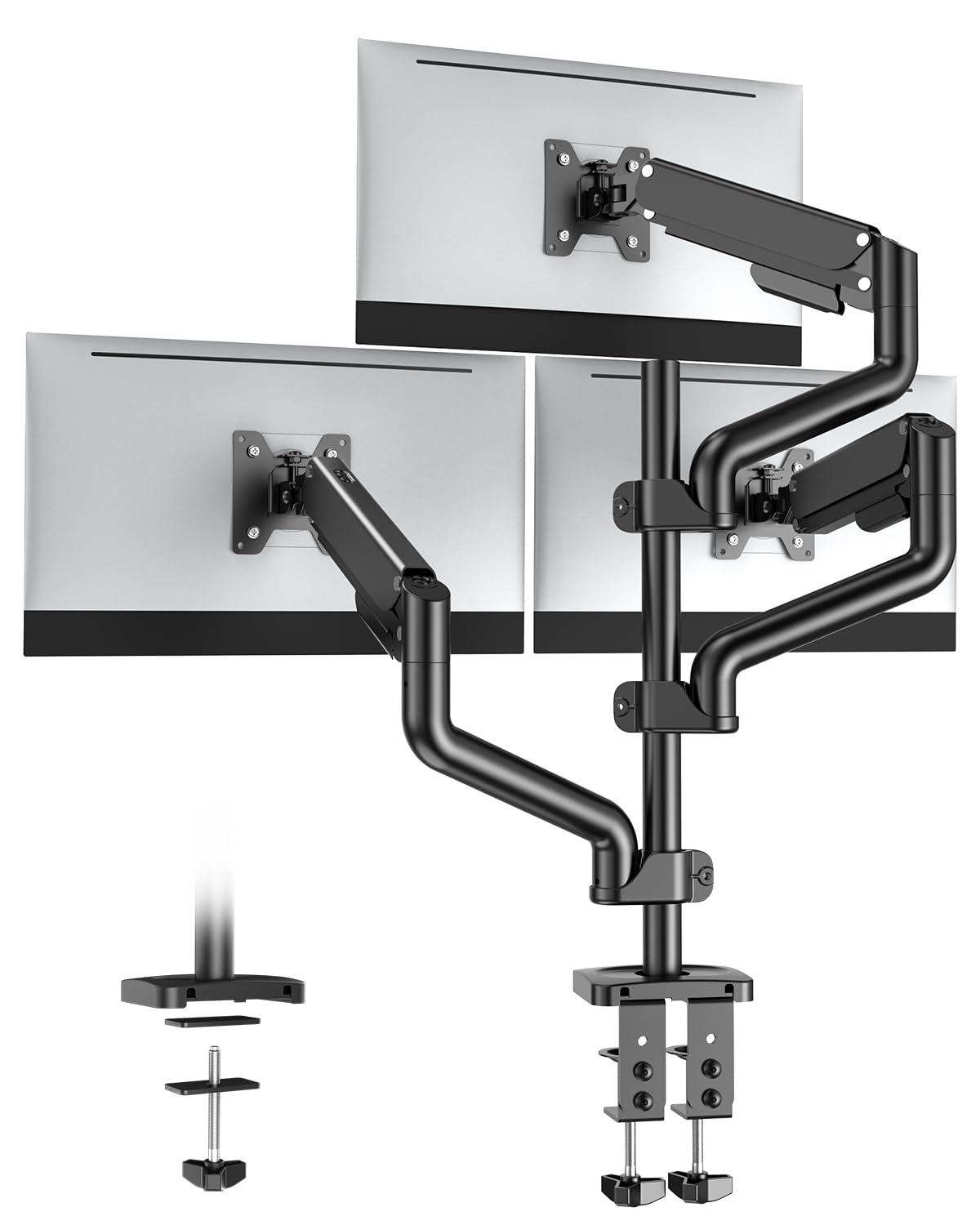 Soporte Triple para Monitores – Soporte Ajustable con Resorte de Gas para 3 monitores de hasta 27" (máx. 9 kg), Compatible con VESA 75x75 y 100x100 mm,Abrazadera en C y Arandela