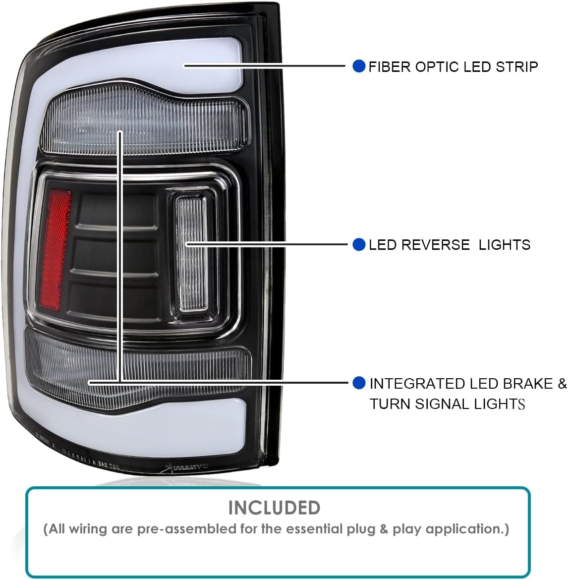 SPEC-D TUNING Black LED Tail Lights w/White LED Light Bar Compatible with 2009-2018 Dodge Ram 1500 2500 3500, Left + Right Pair Assembly