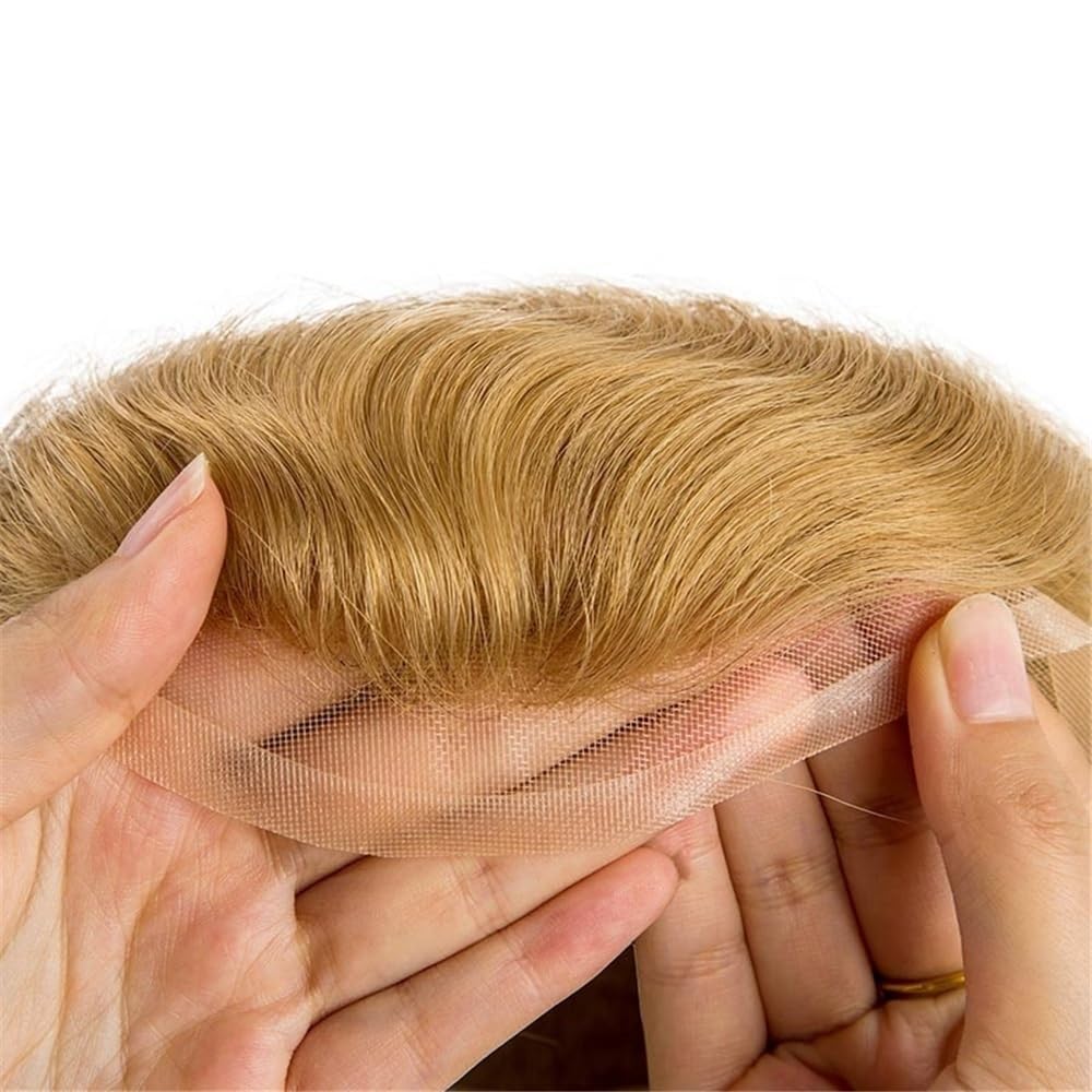 Men's Toupee Parrucca da uomo con base in PU e parte superiore monocromatica in capelli umani biondo miele n. 21 in pizzo frontale