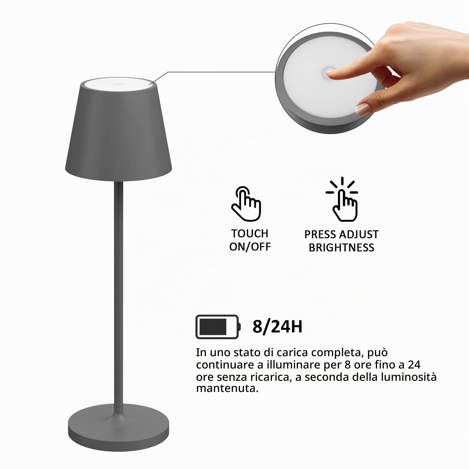 K-Bright 240lm Lampada LED Dimmerabile da tavolo in alluminio, IP54，4000K Ricaricabile Per interni/esterni Lampada da tavolo con base di ricarica a contatto (grigio scuro)