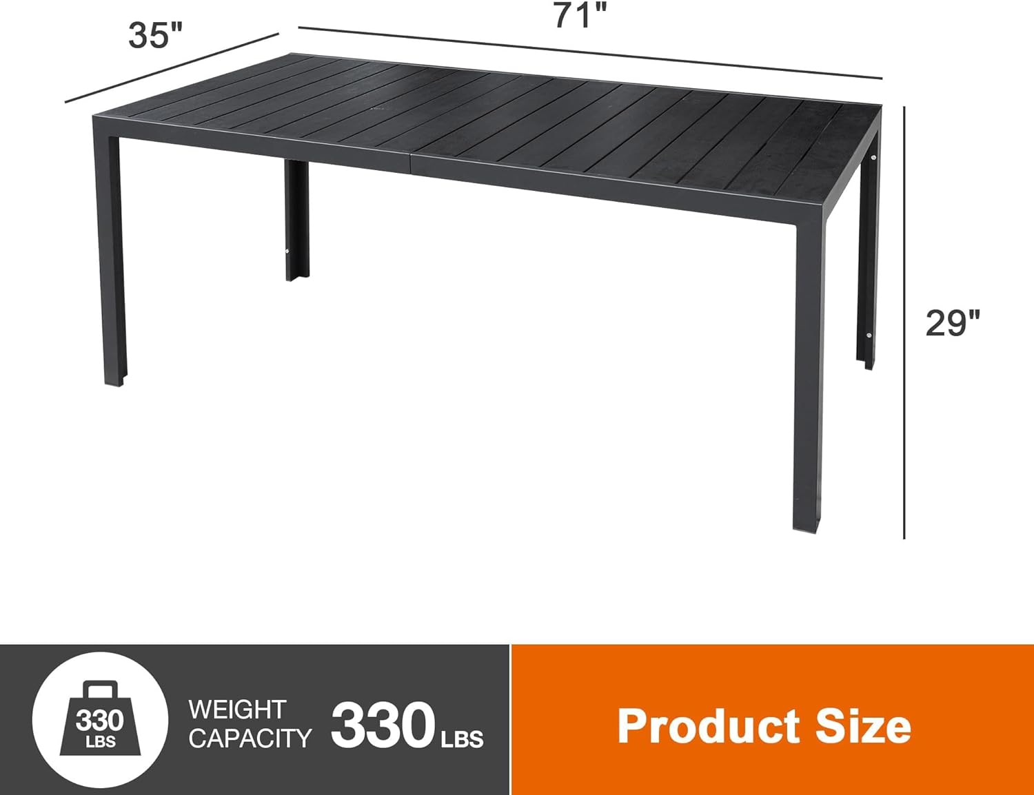 Outdoor Dining Table for 6-8 Person Weather-Resistant Patio Table, 71 inch Aluminum Frame Rectangle Table Heavy Duty Patio Furniture for Backyard Garden Lawn, Easy Install Black Outdoor Table