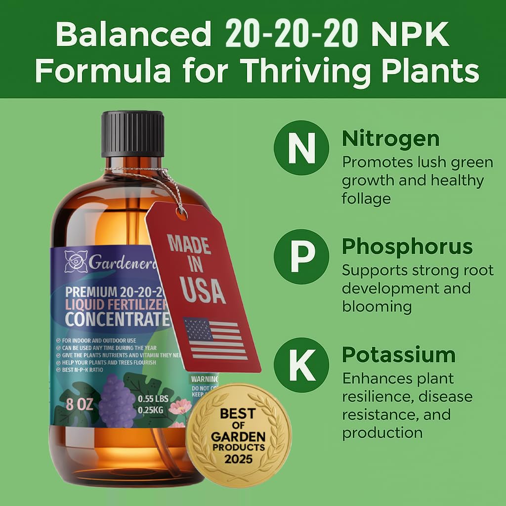 Gardenera Premium All-Purpose 20-20-20 Liquid Fertlizer - 𝐂𝐎𝐍𝐂𝐄𝐍𝐓𝐑𝐀𝐓𝐄 - Increases Flowering and Yield on All Varieties of Fruits, Vegetables and Flowers| Liquid Plant Superfood (32 OZ)