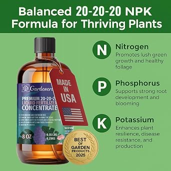 Gardenera Premium All-Purpose 20-20-20 Liquid Fertlizer - CONCENTRATE - Increases Flowering and Yield on All Varieties of Fruits, Vegetables and Flowers| Liquid Plant Superfood (8 OZ)