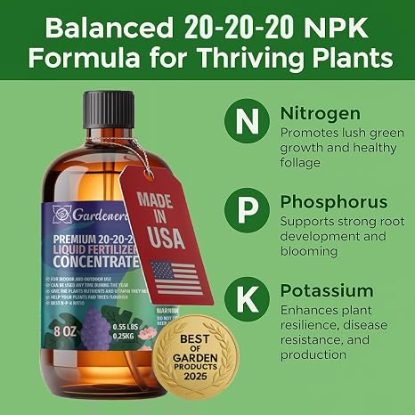 Gardenera Premium All-Purpose 20-20-20 Liquid Fertlizer - CONCENTRATE - Increases Flowering and Yield on All Varieties of Fruits, Vegetables and Flowers| Liquid Plant Superfood (8 OZ)