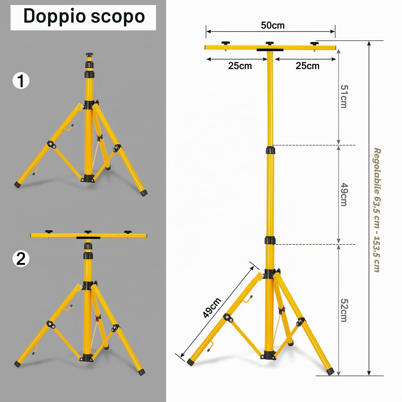 UISEBRT Treppiede telescopico per faretto a LED, in acciaio, regolabile in altezza, 63,5 – 153,5 cm, giallo