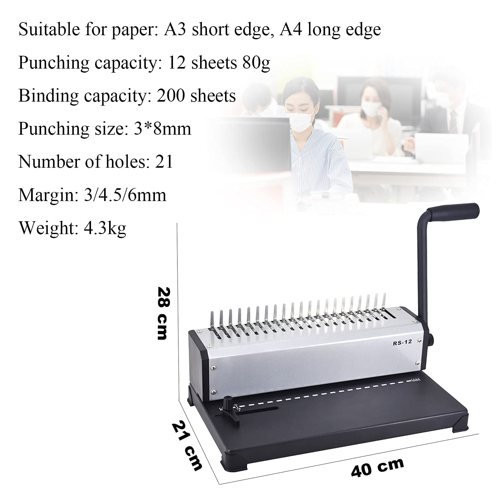 Accessori per Ufficio, punzonatrice rilegatrice, Rilegatura da 200 Fogli, capacità di punzonatura 12 Fogli, rilegatrice Manuale a Pettine per Carta A4 a 21 Fori per Documenti da uf
