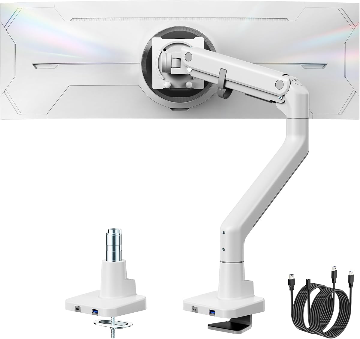 monTEK Heavy Duty Monitor Halterung mit USB für 17-57 Zoll bis zu 27 kg | Gasfeder-Monitorarm, höhenverstellbar & voll beweglich, für Ultrawide-Monitore, VESA 75 × 75/100 × 100 mm, Weiß