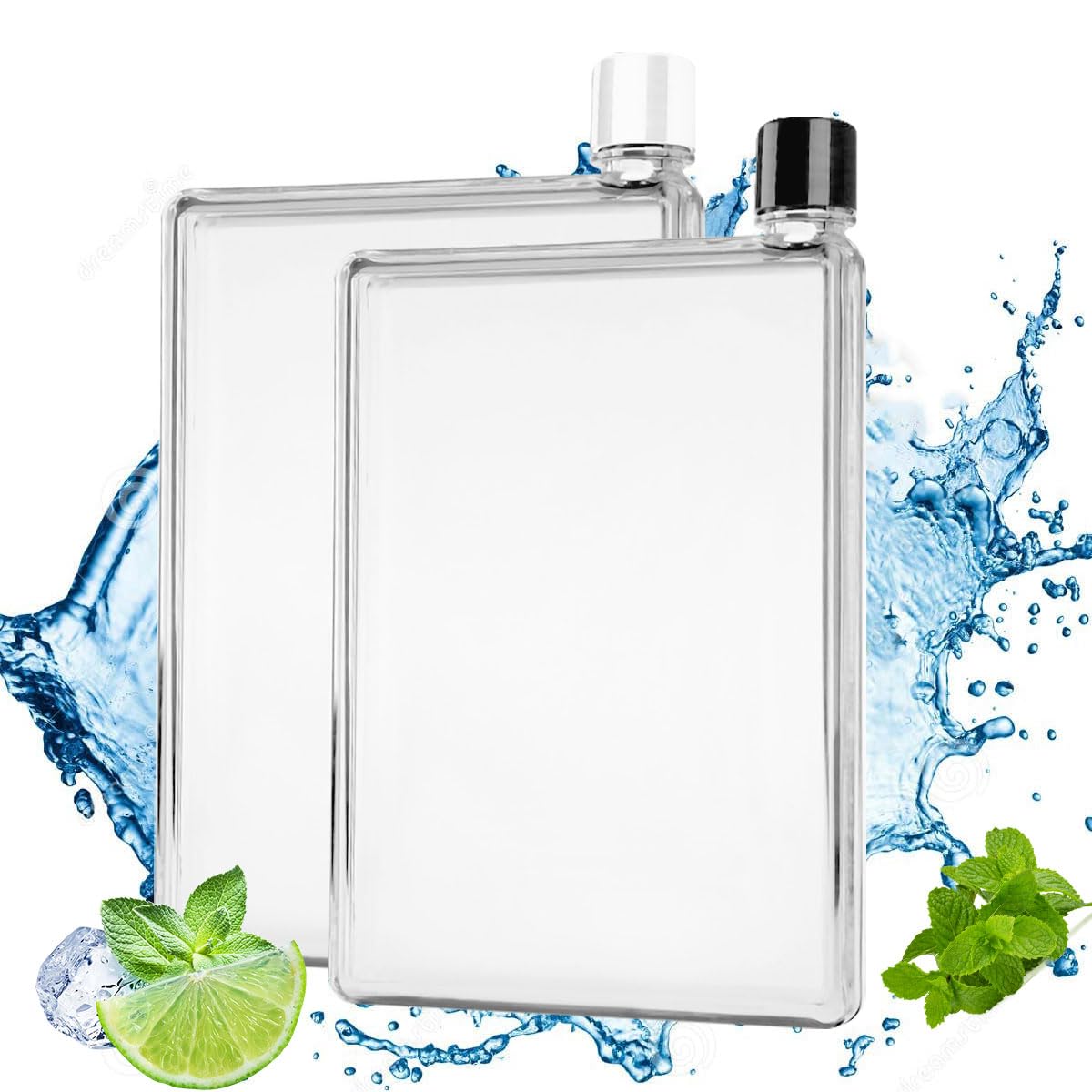 Flat Water Bottles 2 Pack, Large 750ml Transparent Sport Water Bottle A5 Motivational Workout Jug Rectangle Leak Proof Clear Reusable Container Portable Square Water Flask for Gym Office School Travel