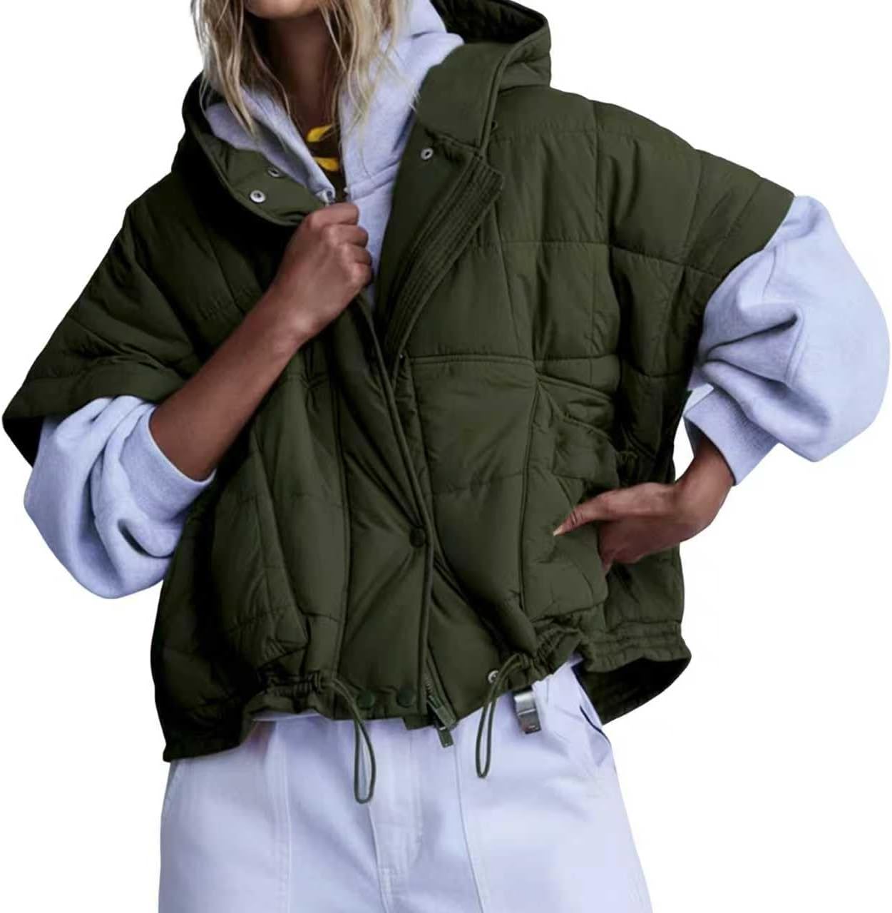 Women's Quilted Puffer Vest with Zip Up Hoodie Oversized Short Sleeves Jacket Casual Outdoor Gilet Outerwear
