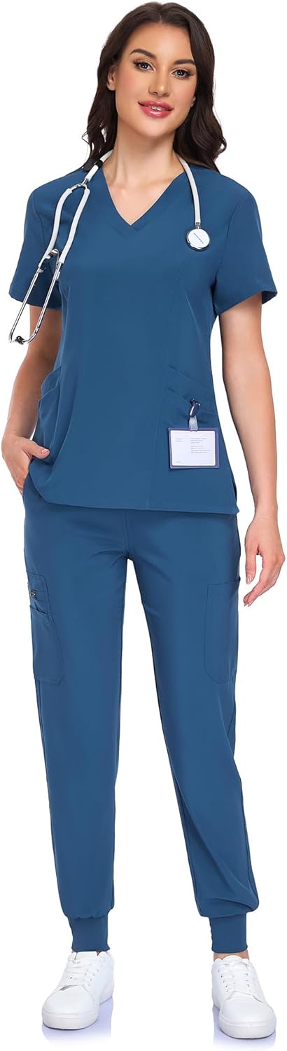 Scrubs for Women Set - V-Neck Scrub Top & Jogger Pant with 10 Pockets, 4 Way Stretch Nurse Uniform