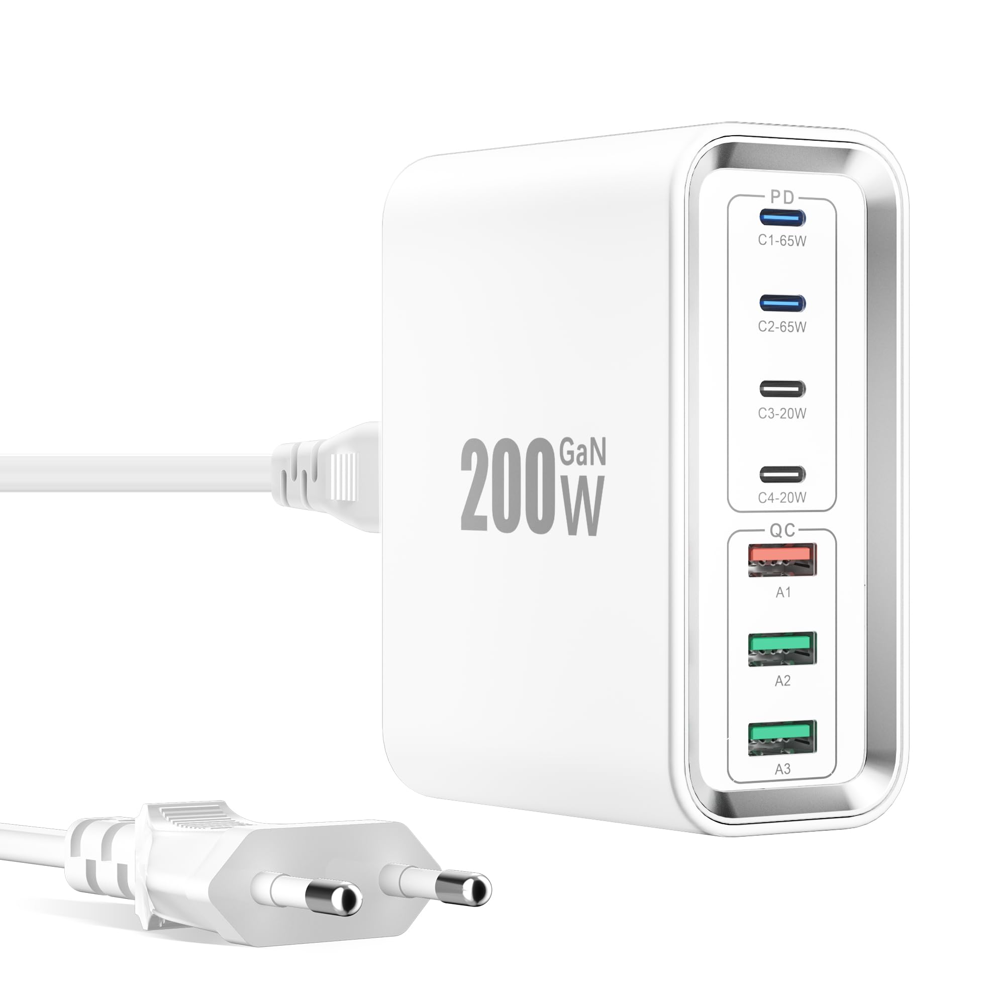 Caricatore USB C, 200 W, GaN, 7 porte, 65 W, caricatore rapido USB-C PD Desktop + alimentatore QC 3.0 multiplo USB C Fast Charger per iPhone 17/16/15, MacBook, iPad, laptop, Samsung