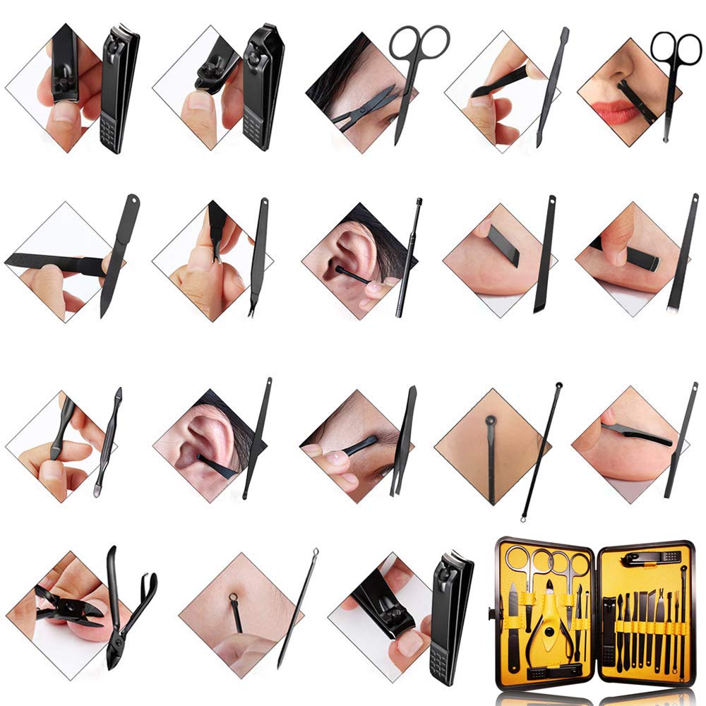 Manicure Pedicure Kit Nail Clippers Set 18 in 1 High Precision Stainless Steel Cutter File Sharp for Men & Women Fingernails & Toenails Vibrissac Scissors with Portable Stylish Case (Yellow_18in1) : Everything Else