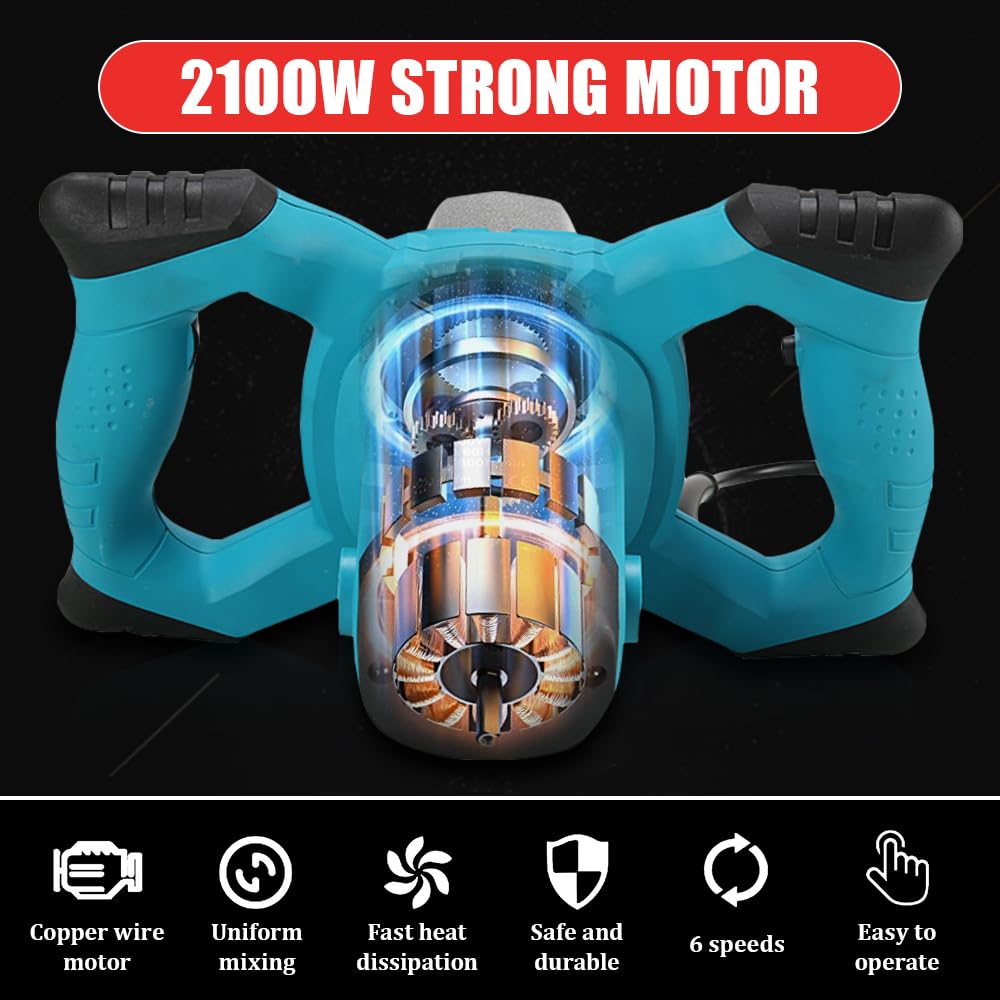 Miscelatore elettrico 2100 W, Betoniera Elettrica per Trapano 6 velocità incl. 2 frusta malta per Miscelazione di Vernice, Liquame di Cemento, Calcestruzzo, Malta, Foraggio (Blu)