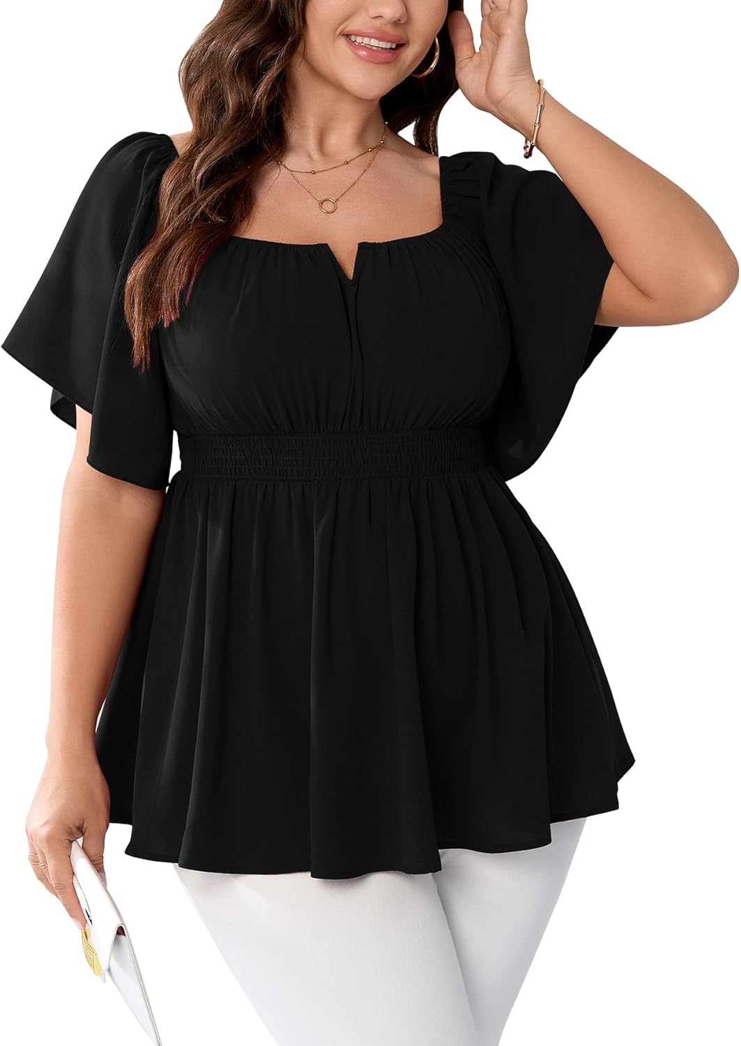 SCOMCHIC Womens Plus Size Peplum Tops Off The Shoulder Blouses Smocked Ruffle Babydoll Summer Top