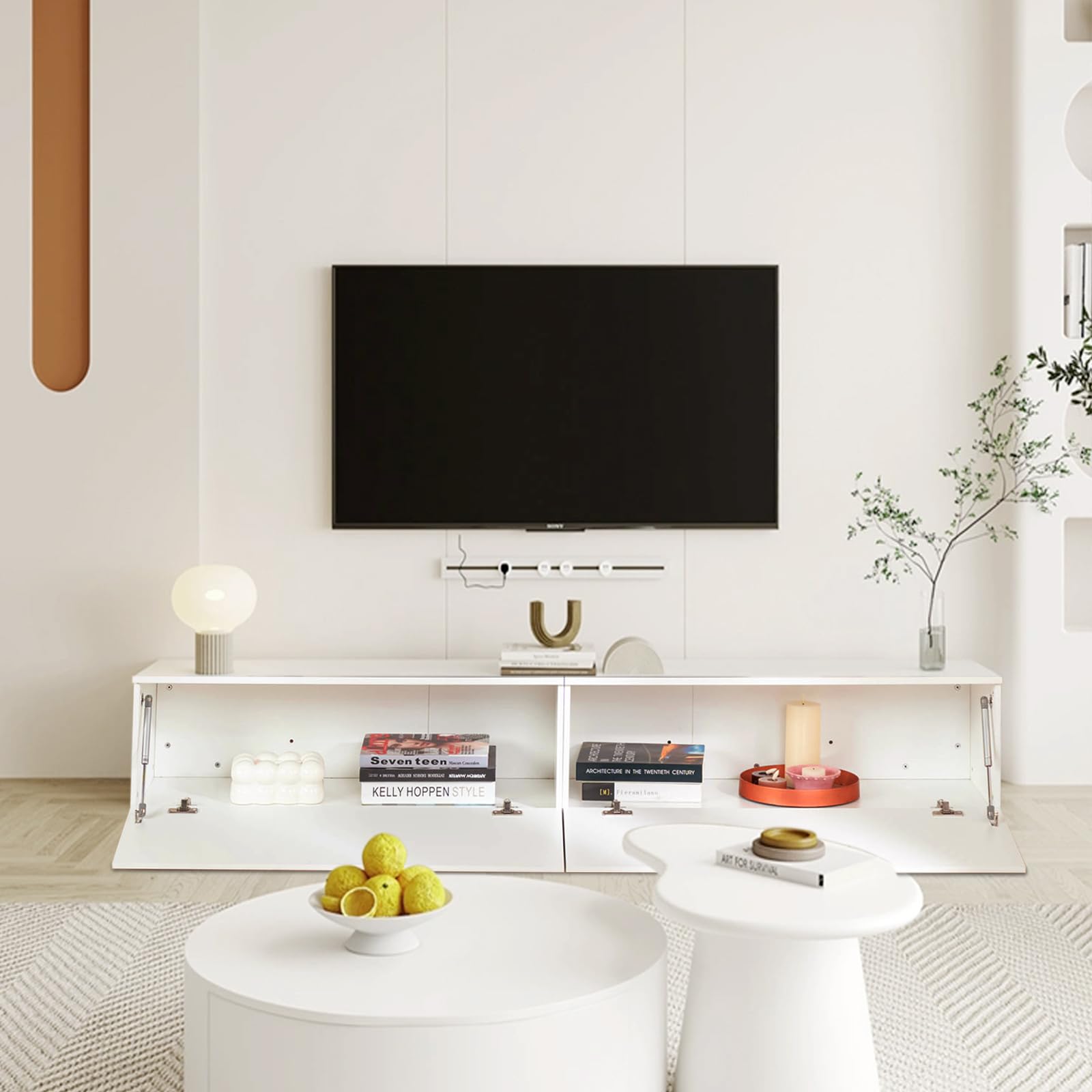 Mueble de TV Moderno Con Iluminación LED, Colgante o de Pie, 180 cm de Longitud, Madera Blanca Con Almacenamiento, Para Pared o Suspendido
