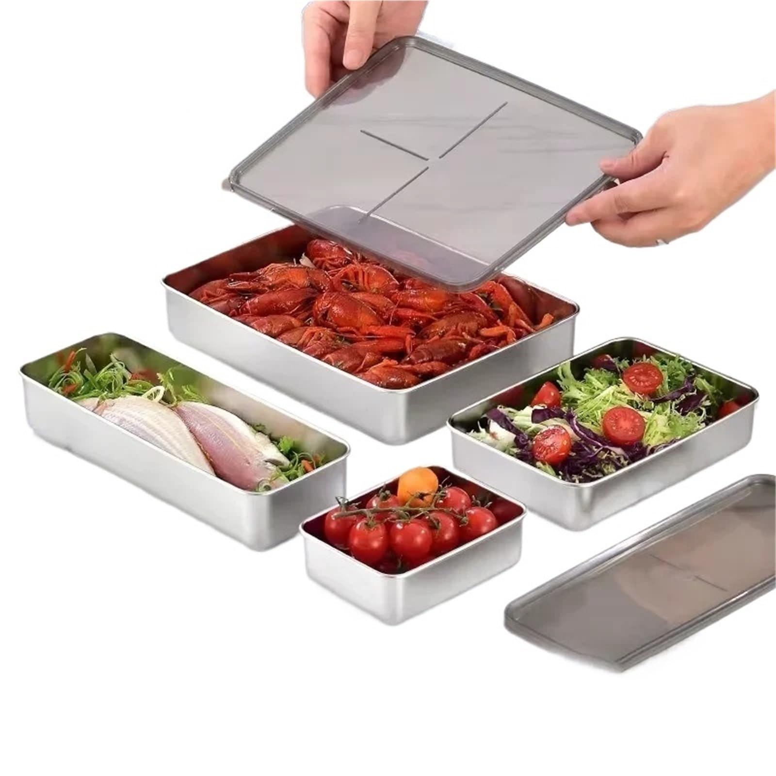 Contenitori per Alimenti Vassoio for Alimenti in Acciaio Inossidabile 304, Contenitore for Alimenti freschi con Coperchio sigillato, Organizer for Alimenti congelati(1200ML)