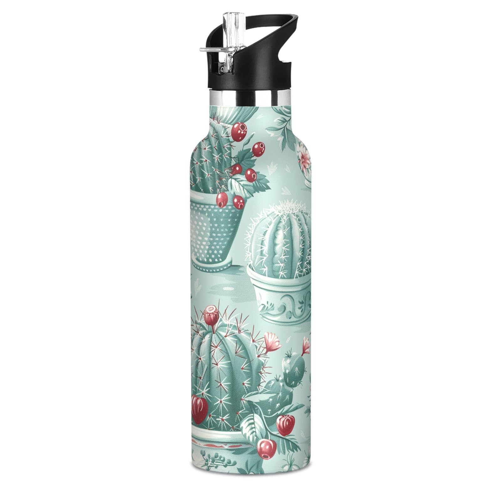 Kaaviyo Boys Pattern Charming Cacti Flowers Water Bottle Stainless Steel Jug Insulated Vacuum Cup For Girls(600Ml)