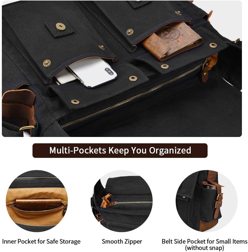 Kattee Military Messenger Bag Canvas Leather Shoulder Bag - Image 5