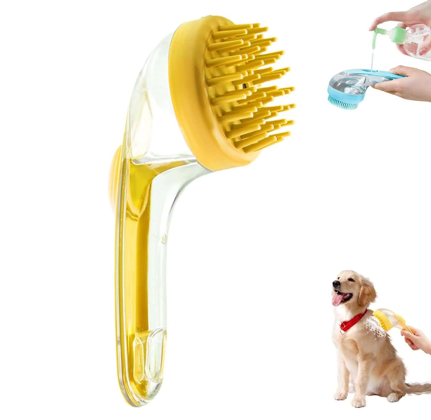 Pet Bath Brush with Soap Dispenser, Pet Grooming Bath Massage Brush, Soft Silicone Bristle, for Long Short Haired Dogs Cats Shower (Yellow)