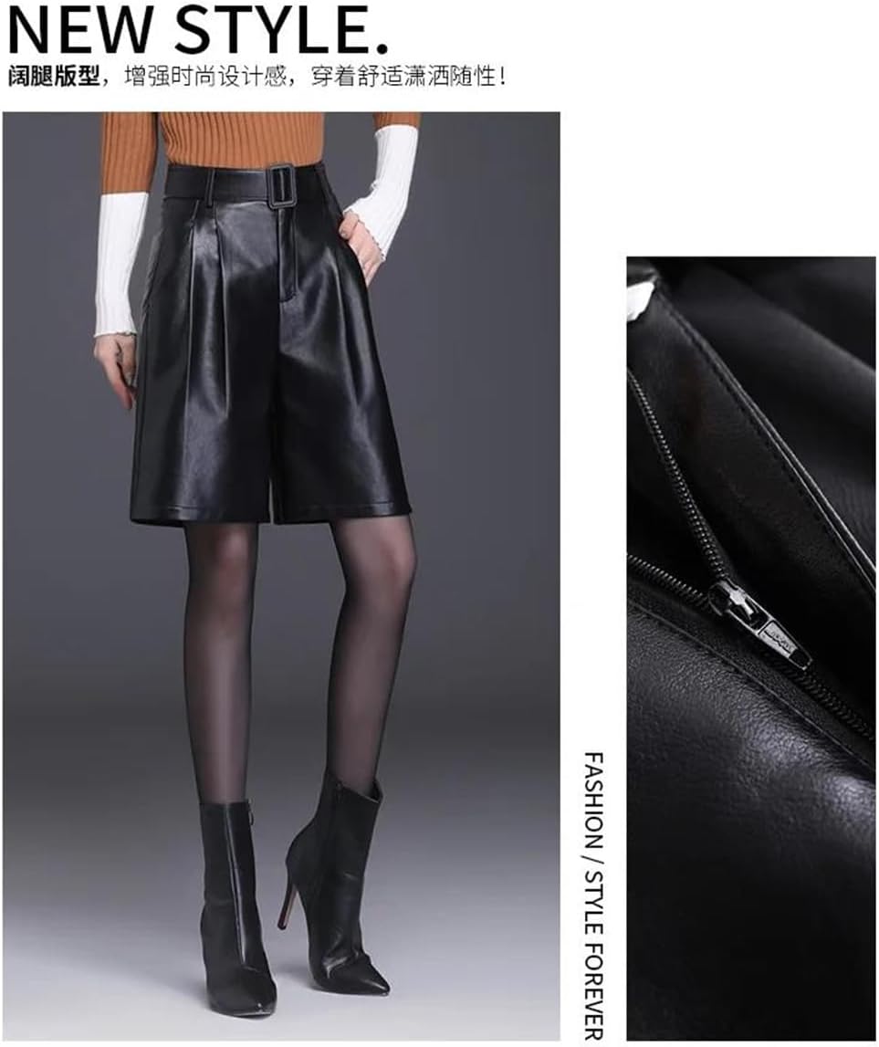 Women Pu Leather Bermuda Shorts Knee Length Motorcycle Punk High Waist Length Bermuda with Belt