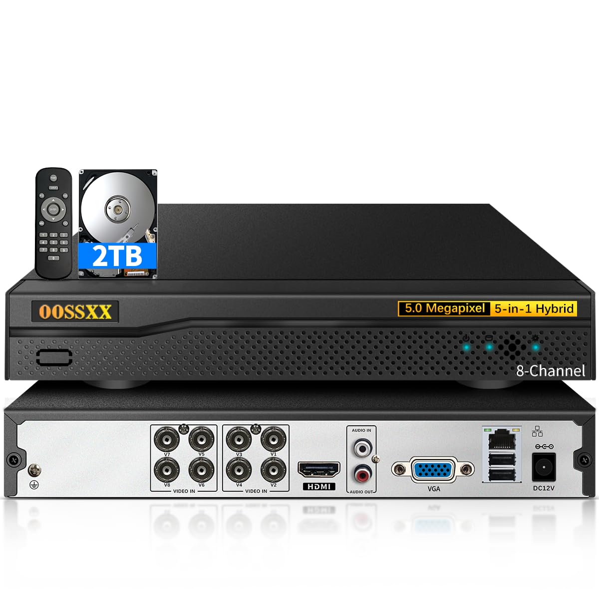 DVR 8-Channel Hybrid Capability 5-in-1 Digital Video Recorder, 5.0MP HD Security DVR Recorder AHD/Analog/TVI/CVBS/IP Security Camera System Video Surveillance,Max to 6TB (3TB HDD Included)Global Recycled StandardGlobal Recycled StandardGlobal Recycled Standard