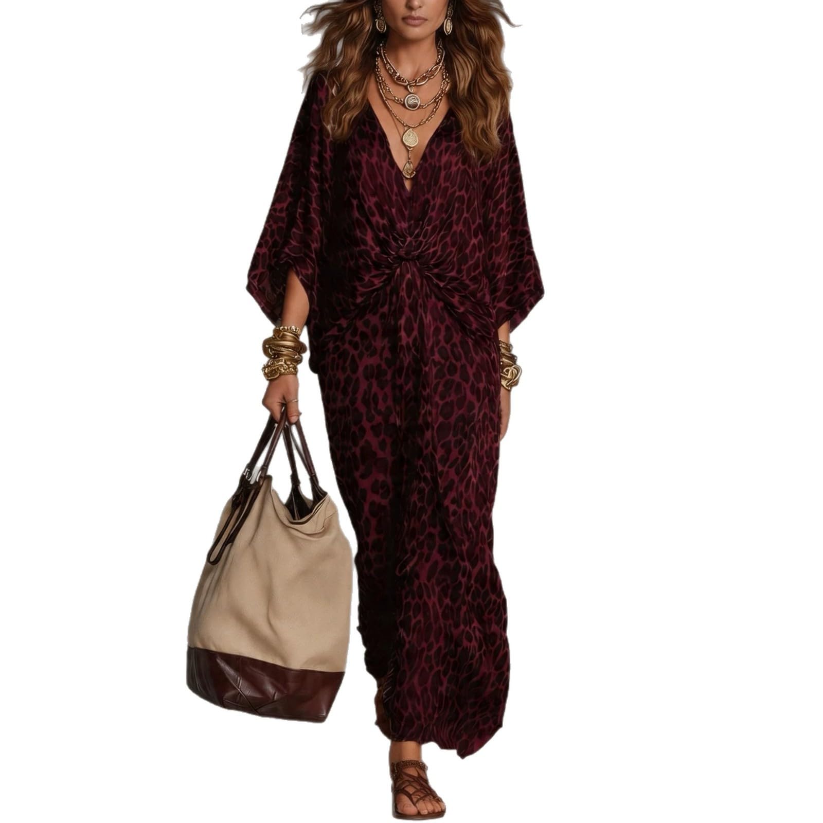 Vestido Largo Plus-Size Cuello V Leopardo Ajustado Mujer