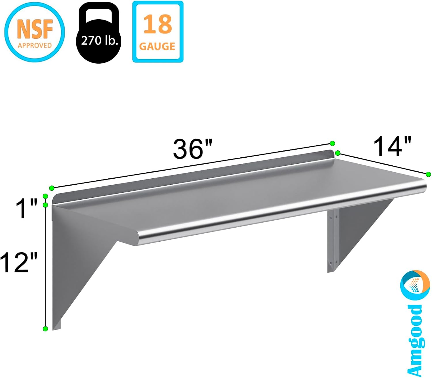 Stainless Steel Wall Shelf | NSF Kitchen Island Food Prep | Utility Room | Laundry Storage | Garage Shelving (36" Length x 14" Width)