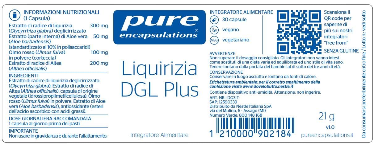 Pure Encapsulations - Liquirizia DGL Plus – Integratore con Liquirizia Deglicirizzata, Altea, Aloe Vera e Olmo Rosso – Supporto Mucose e Gola – 30 Capsule
