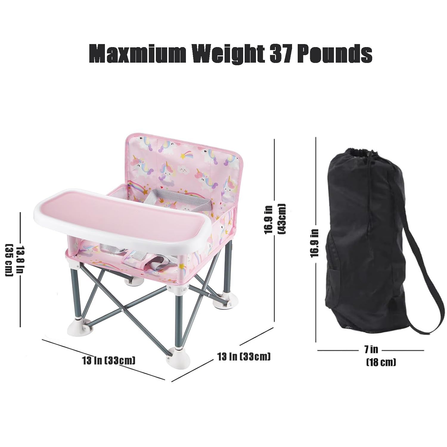 PandaEar Portable Baby Booster Seat | Compact Fold with Safety Straps & Feeding Tray for Indoor/Outdoor Use | Great for Travel, Camping, Beach, Lawn | Toddlers, Kids, Boys, Girls (Pink Unicorn)
