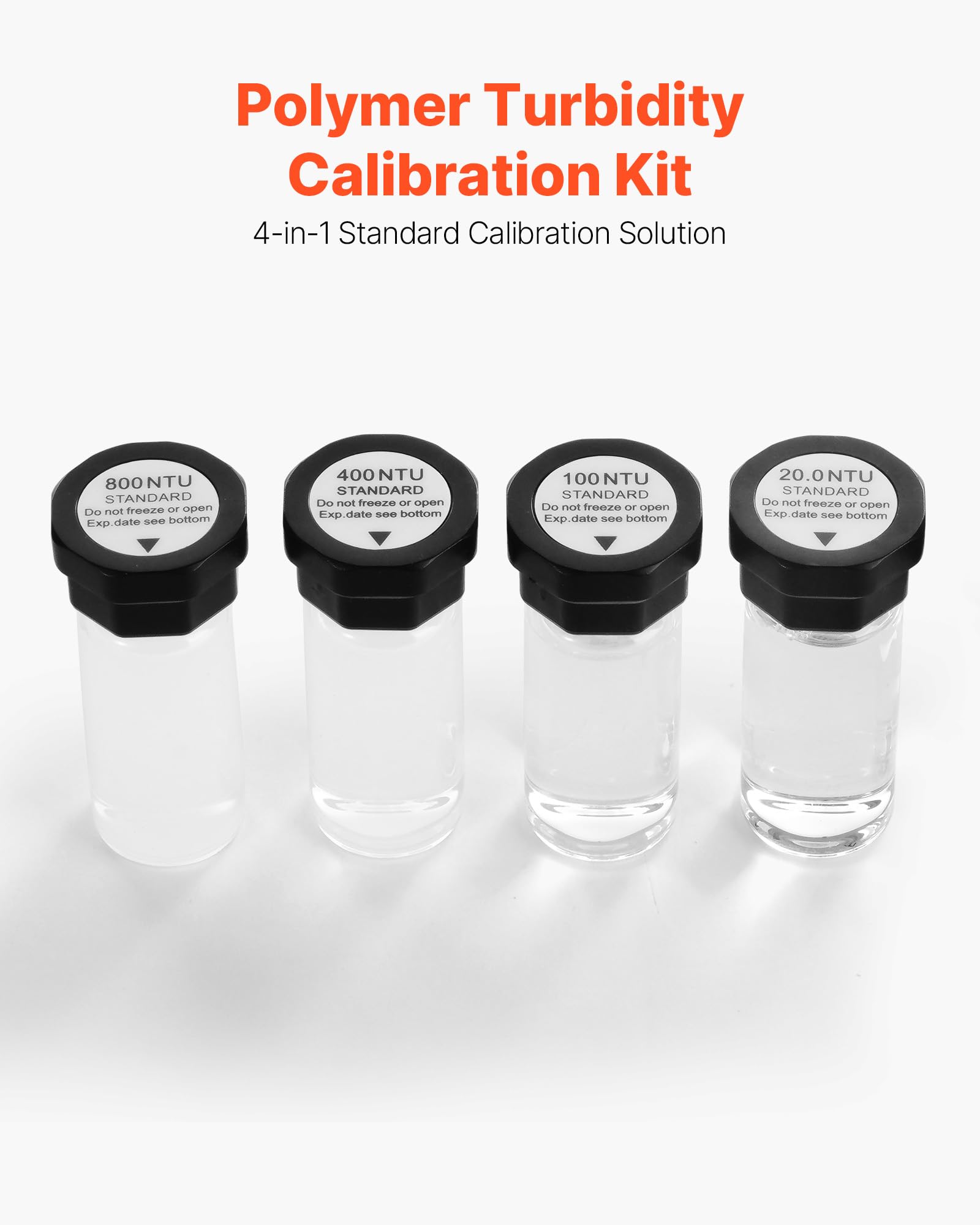 VEVOR Trübungskalibrierlösungs-Kit 20/100/400/800 NTU je 20 ml, 4 Stk. Standard-Trübungslösungs-Nachfüllung für TN2000-Trübungsmessgerät, stoßfester Schutzeinsatz, versiegeltes Flaschendesign