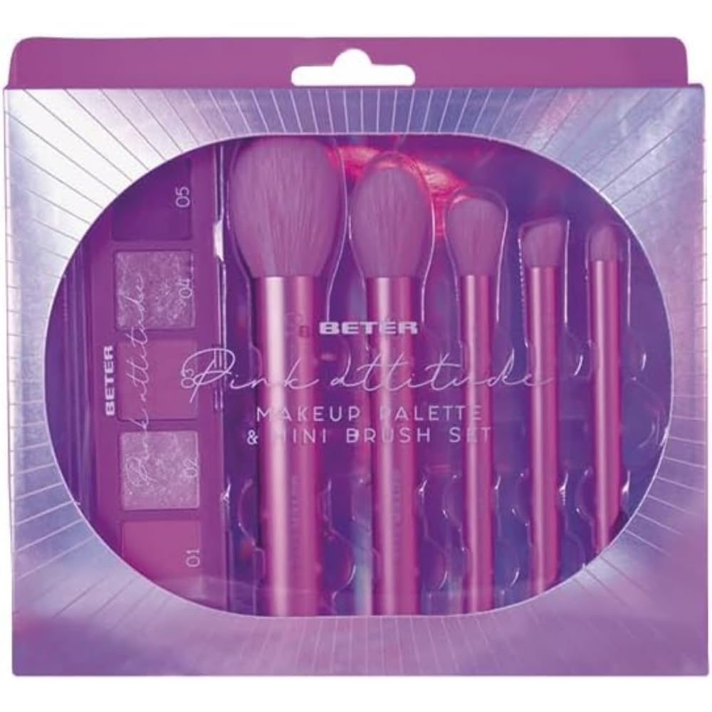 Beter - Set de Brochas de maquillaje y Paleta con iluminador, colorete y sombras Pink Attitude Collection, Set pinceles maquillaje, 5 brochas para rostro y ojos, Set Make up Brush, Ideal para regalo