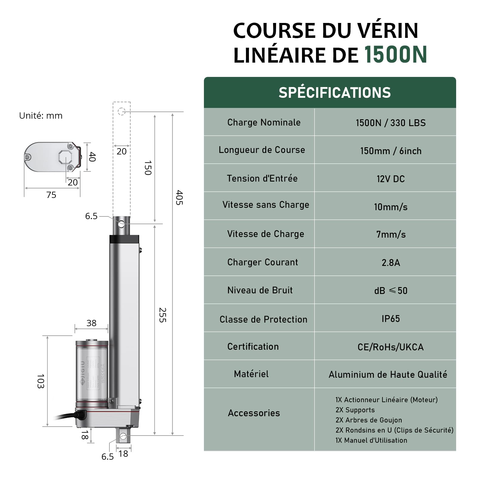 JiGiU Actionneur Linéaire 12V 1500N IP65, Course 150mm, 10mm/s, Vérin Électrique Auto-bloquant avec Supports, pour Ouvre-porte/Ouvre-fenêtre, Domotique, Machines - Argent