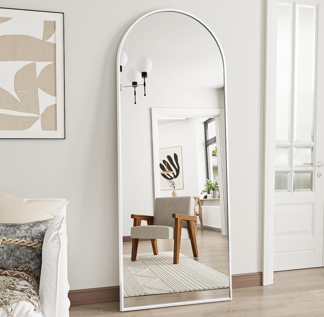Arched Floor Mirror, 58 "x 18" Full Length Mirror Wall Mirrors Hanging or Leaning Arched-Top Full Body Mirrors with Stand for Bedroom, Dressing Room, White