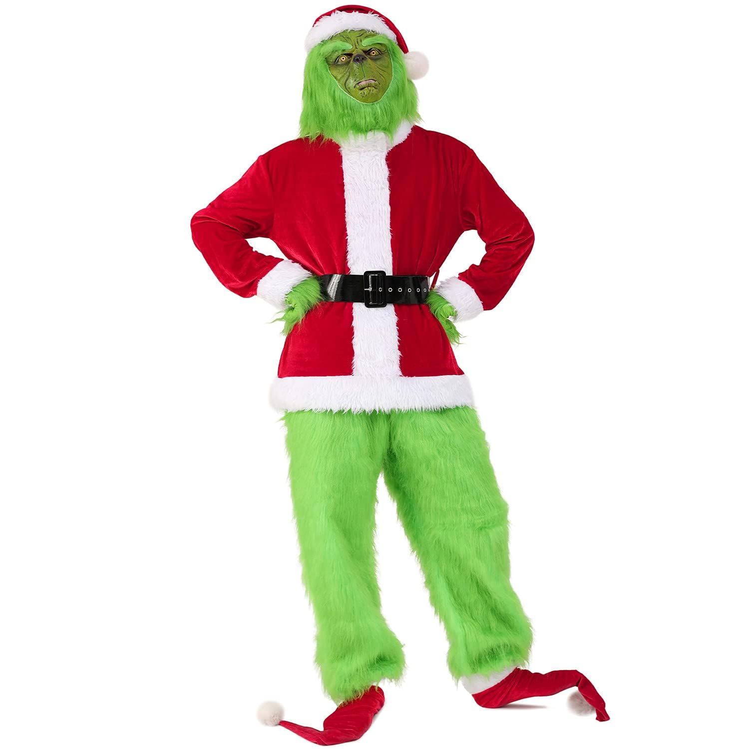 Christmas Green Costume for Men 7 Pcs Furry Adult Santa Claus Costume Mask Santa Suit