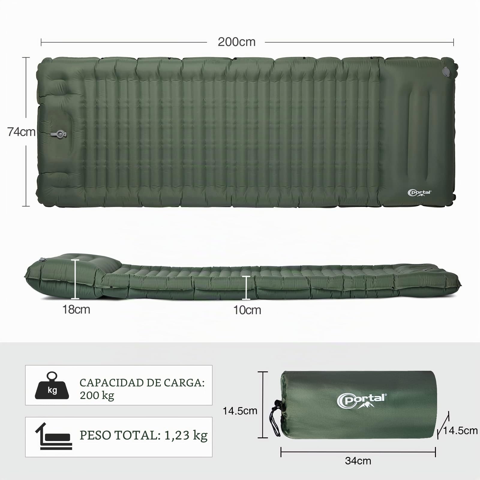 Portal Colchón de camping individual de 10 cm de grosor con bomba de pie, colchoneta inflable para acampar, colchón, tienda de campaña, cama de aire para adultos, ligera, mochila portátil para