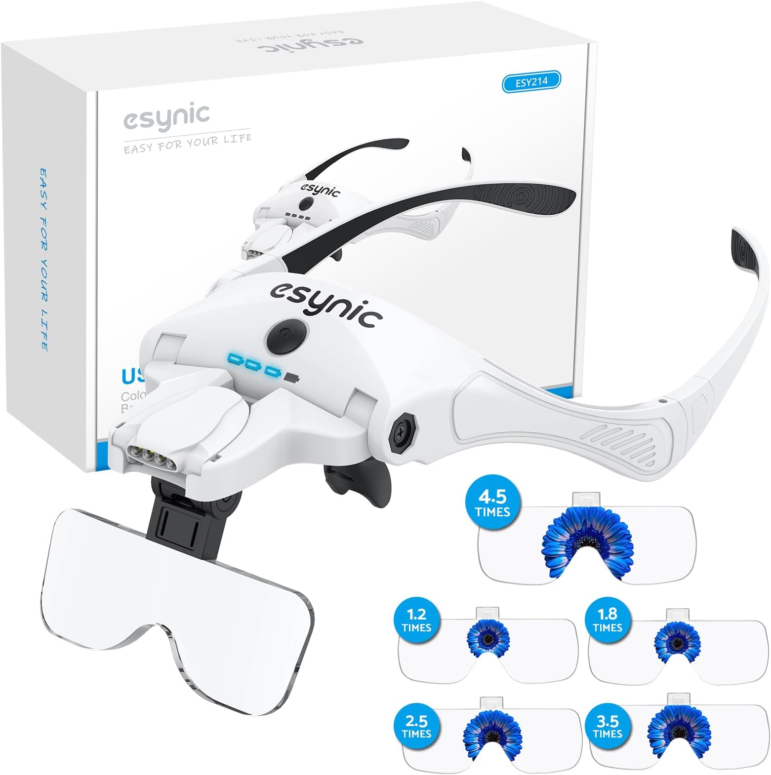 Profressional Head Magnifying Glass Wear Comfortably Head Magnifier Rechargeable Headband Magnifying Glasses with 4 LEDs/1.2X-4.5X HD Lens with Battery Warning Light for Crafts Reading etc