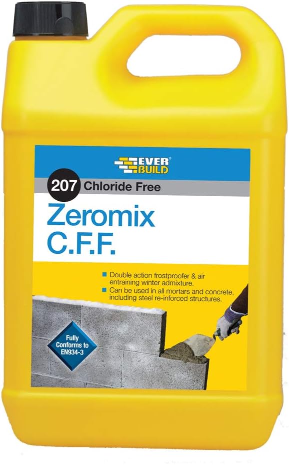 Everbuild 207 Zeromix C.F.F Chorlide Free Frostproofer & Air Entraining Mortar Admixture – Resistance to Freeze/Thaw Cycling – 5 Litre