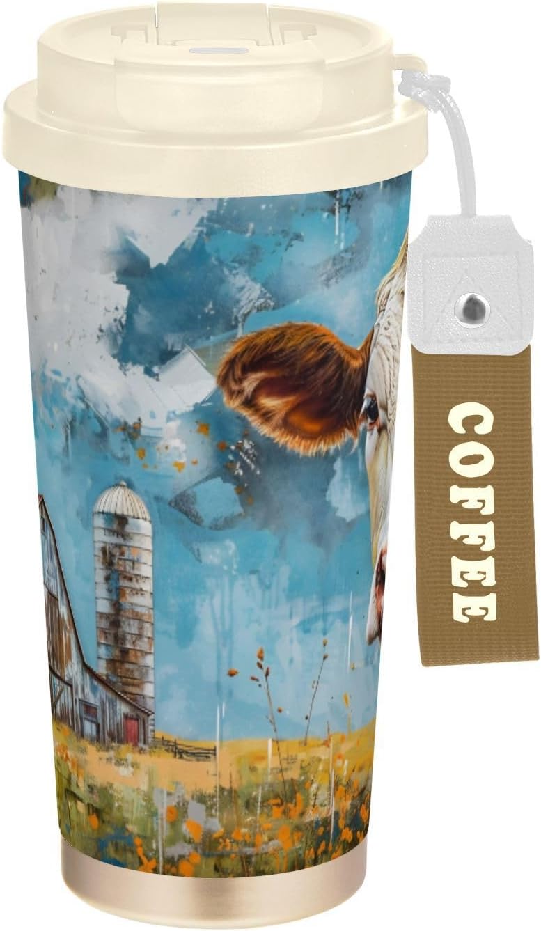 Barn Cow Rustic Vintage Insulated Coffee Mug with Straw & Flip Lid, 16.9oz Iced Tumbler Cup, Double Wall Vacuum Leak-Proof Mug for Travel Office